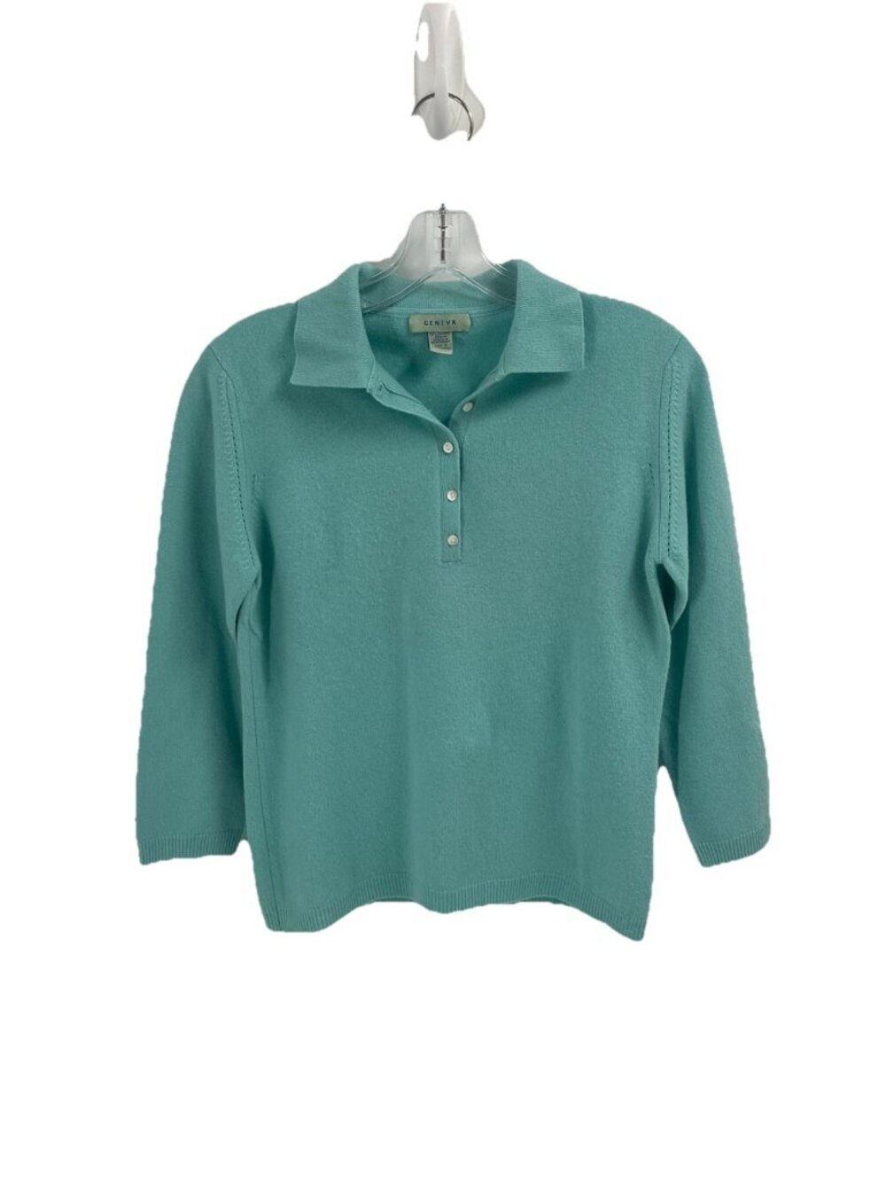 Geneva 100% Cashmere Aqua Blue Collared Sweater Sz S Quiet Luxury Old Money